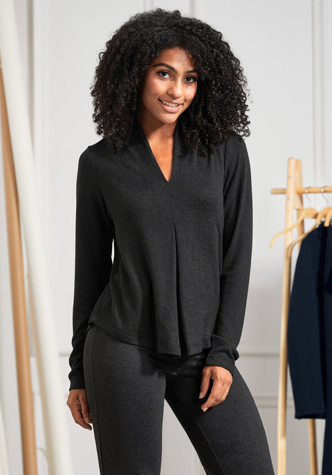 UltraEase Pleated V-Neck Top (Black) - Final Sale