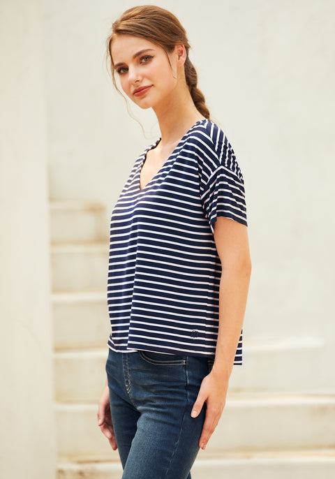 Essential V-Neck Short Sleeve (Navy Stripe)