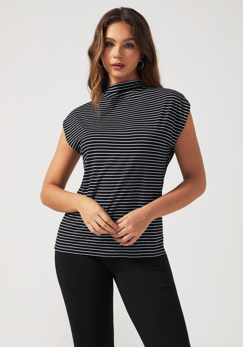 Cap Sleeve Mockneck (Black Stripe)
