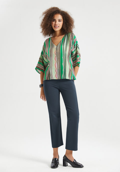 Kimono Sleeve V-Neck Top (Green Stripe Print)