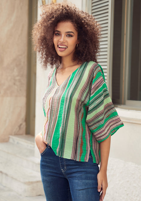Kimono Sleeve V-Neck Top (Green Stripe Print)