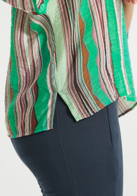 Kimono Sleeve V-Neck Top (Green Stripe Print)