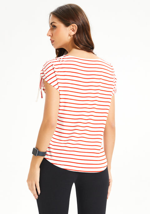 Ruched Shoulder Tee (Red Stripe)
