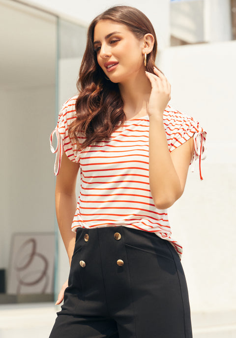 Ruched Shoulder Tee (Red Stripe)