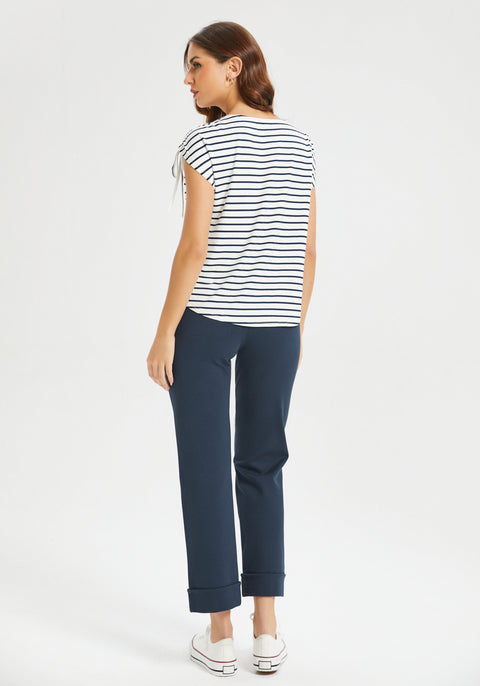 Ruched Shoulder Tee (Navy Stripe)