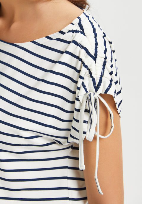 Ruched Shoulder Tee (Navy Stripe)