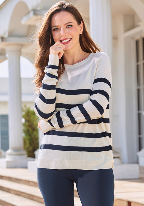 Boatneck Pullover Sweater (Navy Stripe)