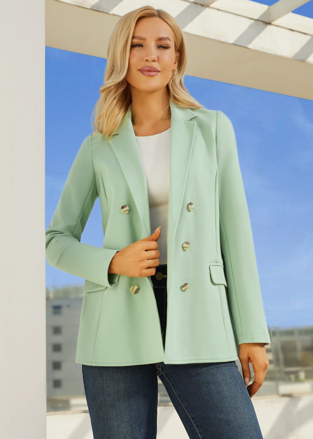 BoTT XL ミントグリーン ジャケット Double Breasted Blazer | Stretch Ponte (Muted Mint) – Betabrand