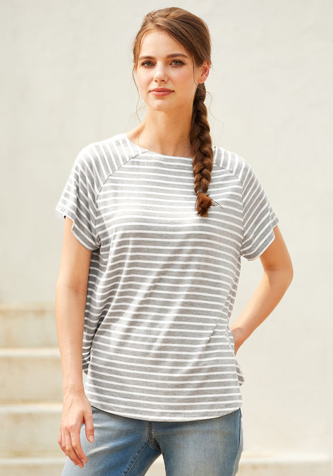 Essential Split Hem Short Sleeve (Gray Stripe)