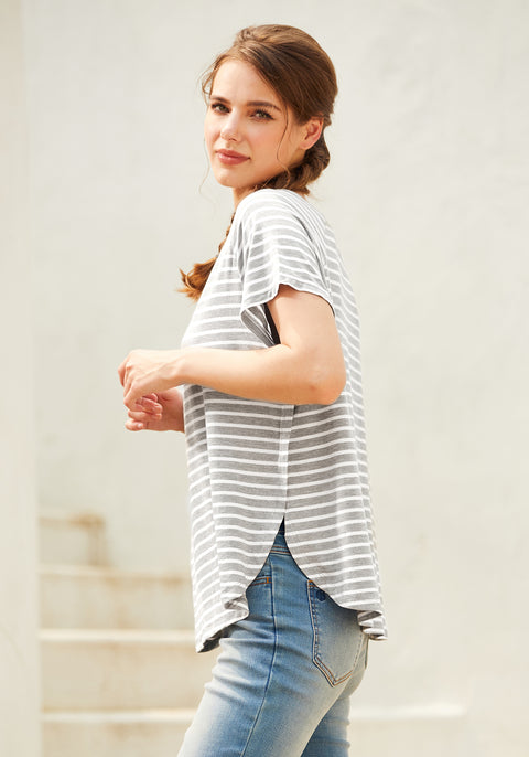 Essential Split Hem Short Sleeve (Gray Stripe)