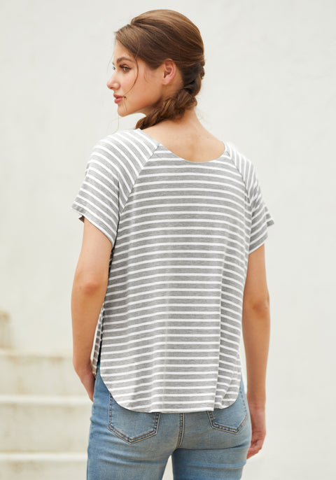 Essential Split Hem Short Sleeve (Gray Stripe)