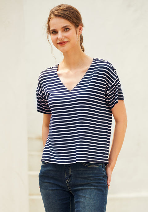 Essential V-Neck Short Sleeve (Navy Stripe)