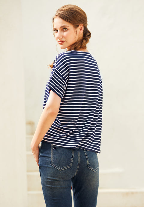 Essential V-Neck Short Sleeve (Navy Stripe)
