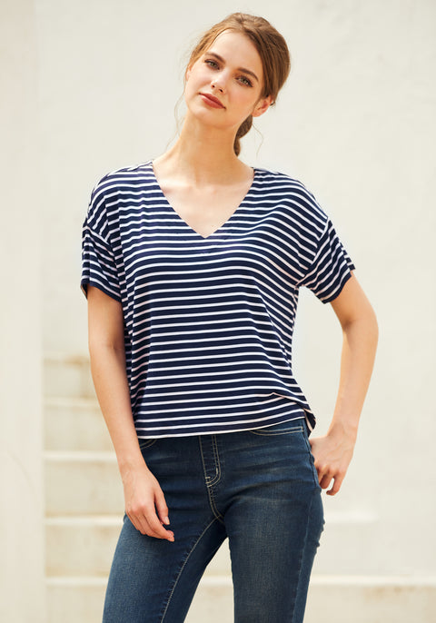 Essential V-Neck Short Sleeve (Navy Stripe)