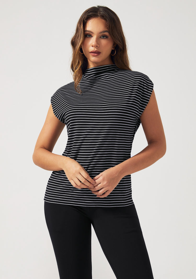 Cap Sleeve Mockneck (Black Stripe)