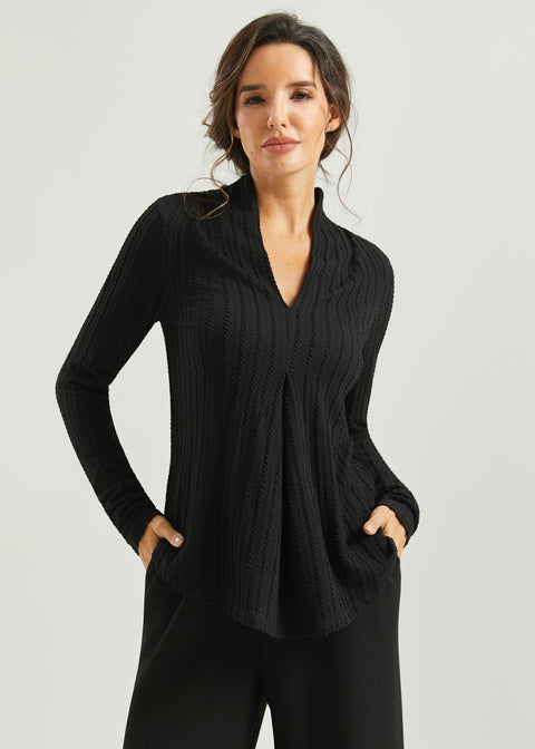 MiniCable Pleated V-Neck Top (Black)