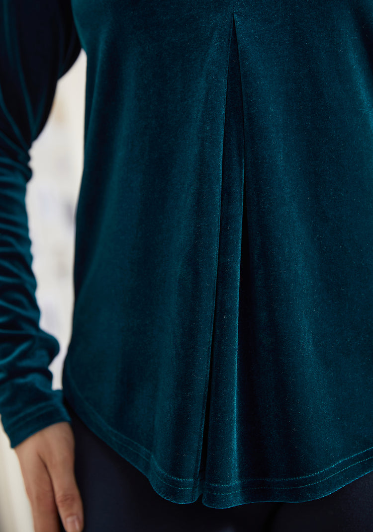 LuxeVelvet Pleated V-Neck Top (Dark Ocean)
