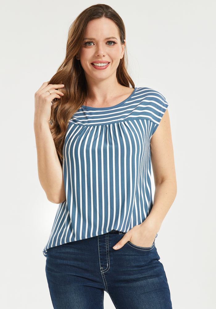 Cap Sleeve Yoke Tee (Indigo Stripe)