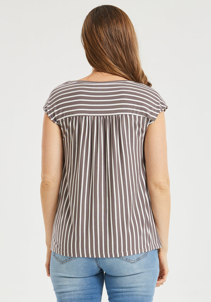 Cap Sleeve Yoke Tee (Gray Stripe)