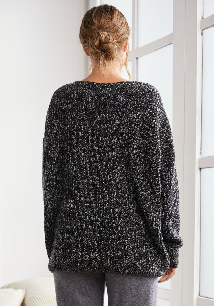 Slouchy V-Neck Sweater (Speckled Black)