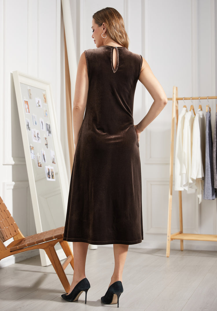 LuxeVelvet A-Line Midi Dress (Mushroom)