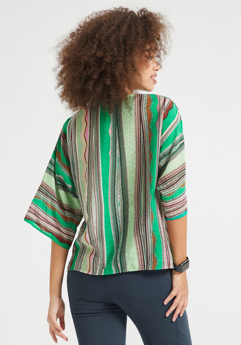 Kimono Sleeve V-Neck Top (Green Stripe Print)