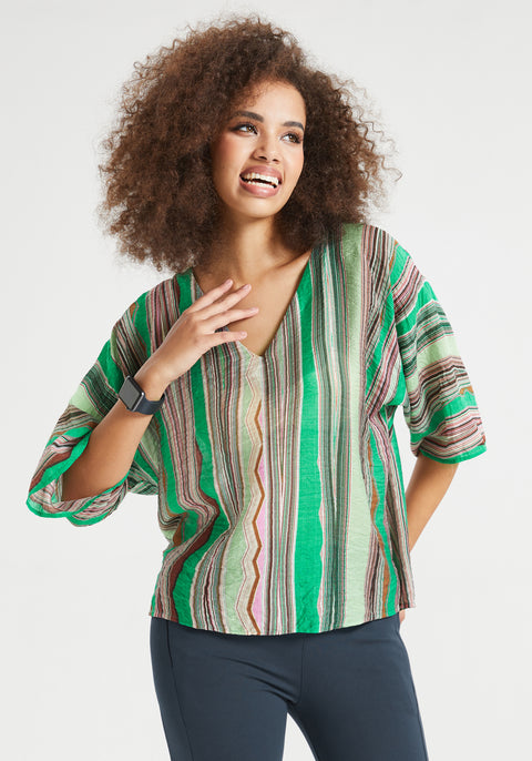 Kimono Sleeve V-Neck Top (Green Stripe Print)