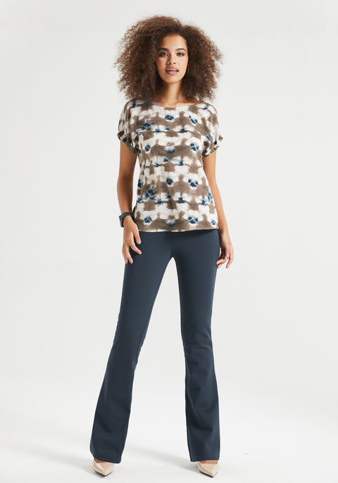 Short Sleeve Boatneck Top (Brown Navy Print)