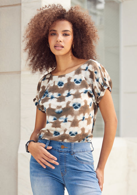 Short Sleeve Boatneck Top (Brown Navy Print)