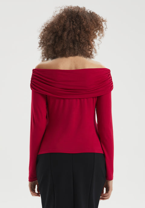 Off-the-Shoulder Draped Long-Sleeve Top | Burgundy