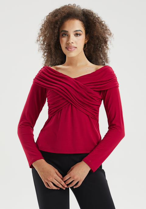 Off-the-Shoulder Draped Long-Sleeve Top | Burgundy