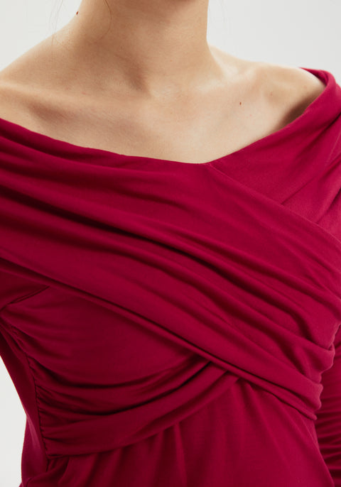 Off-the-Shoulder Draped Long-Sleeve Top | Burgundy
