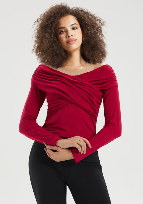 Off-the-Shoulder Draped Long-Sleeve Top | Burgundy