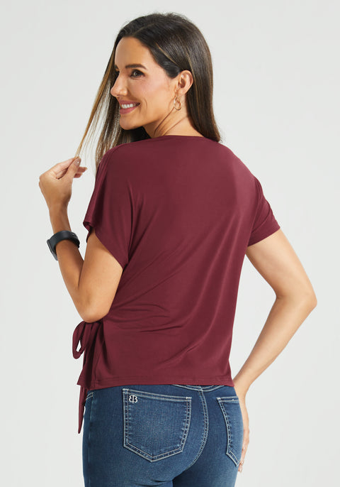 Tie Waist Boatneck Top (Burgundy)