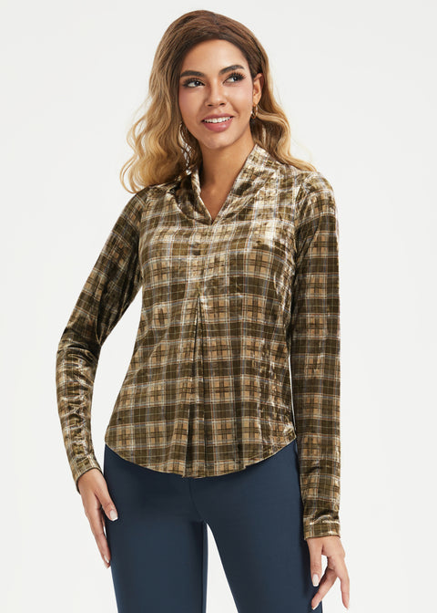 LuxeVelvet Pleated V-Neck Top (Brown Plaid)
