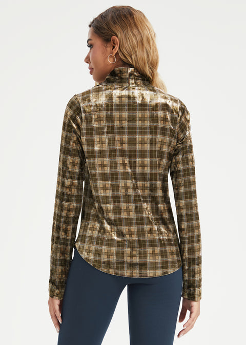 LuxeVelvet Pleated V-Neck Top (Brown Plaid)