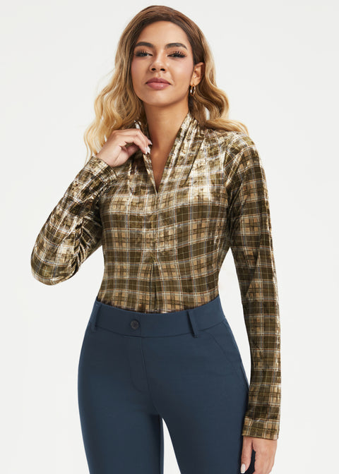 LuxeVelvet Pleated V-Neck Top (Brown Plaid)