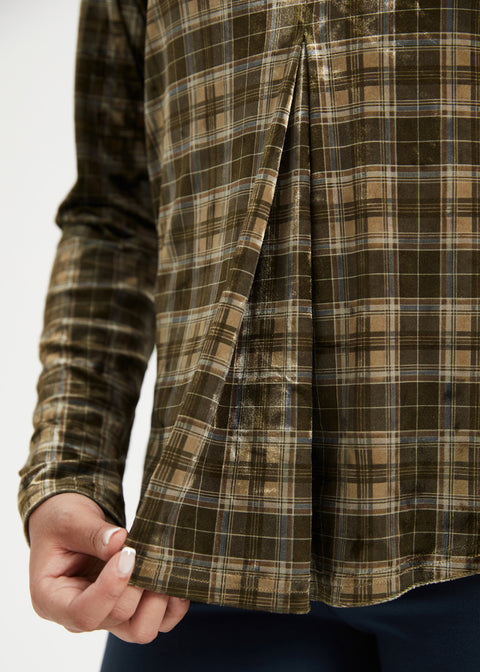 LuxeVelvet Pleated V-Neck Top (Brown Plaid)