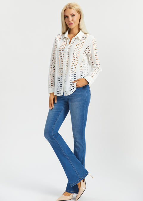 Eyelet Shirt Long Sleeve | Cotton (Star White)