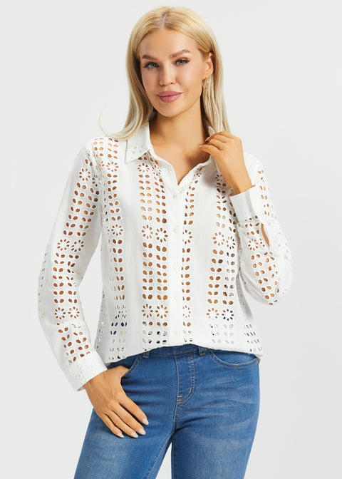 Eyelet Shirt Long Sleeve | Cotton (Star White)