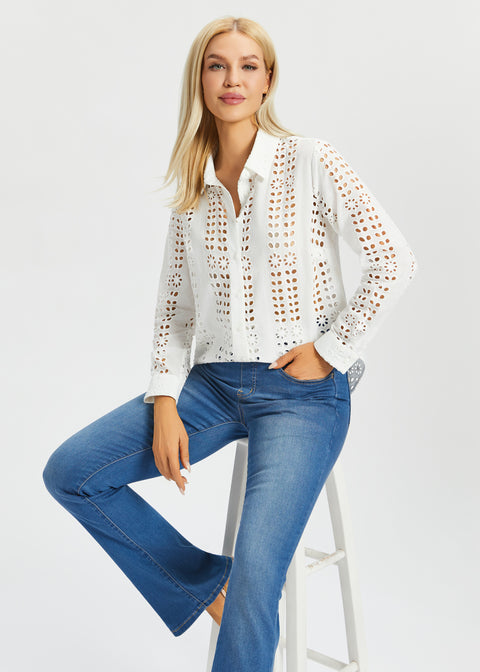 Eyelet Shirt Long Sleeve | Cotton (Star White)