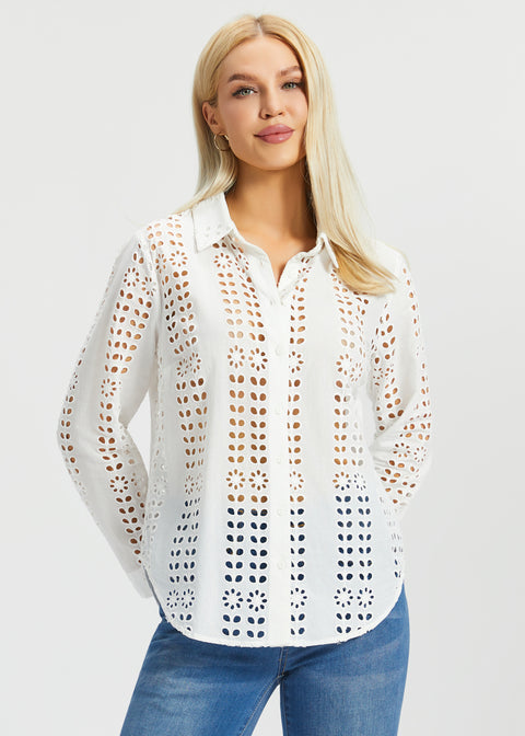 Eyelet Shirt Long Sleeve | Cotton (Star White)