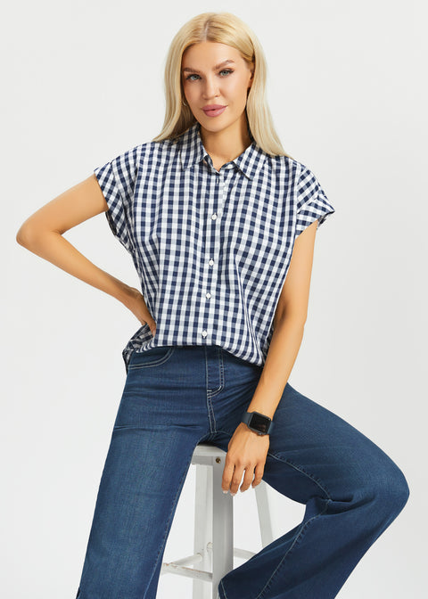 Cap Sleeve Shirt | Cotton (Navy Gingham)