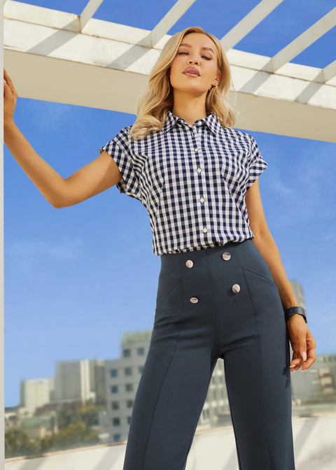 Cap Sleeve Shirt | Cotton (Navy Gingham)