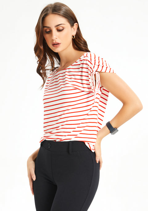 Ruched Shoulder Tee (Red Stripe)