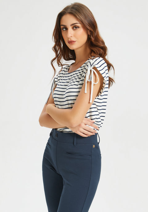 Ruched Shoulder Tee (Navy Stripe)