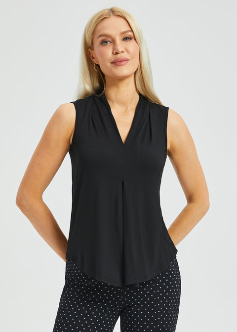 Sleeveless Pleated V-Neck Top (Black)