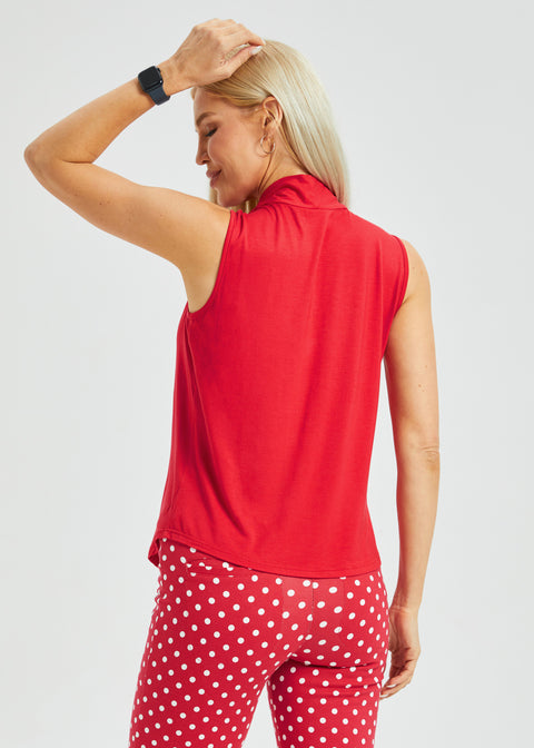 Sleeveless Pleated V-Neck Top (Red)