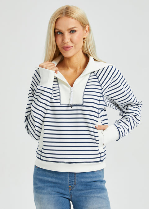 Contrast Trim Quarter Zip Pullover (Ivory Navy Stripe)