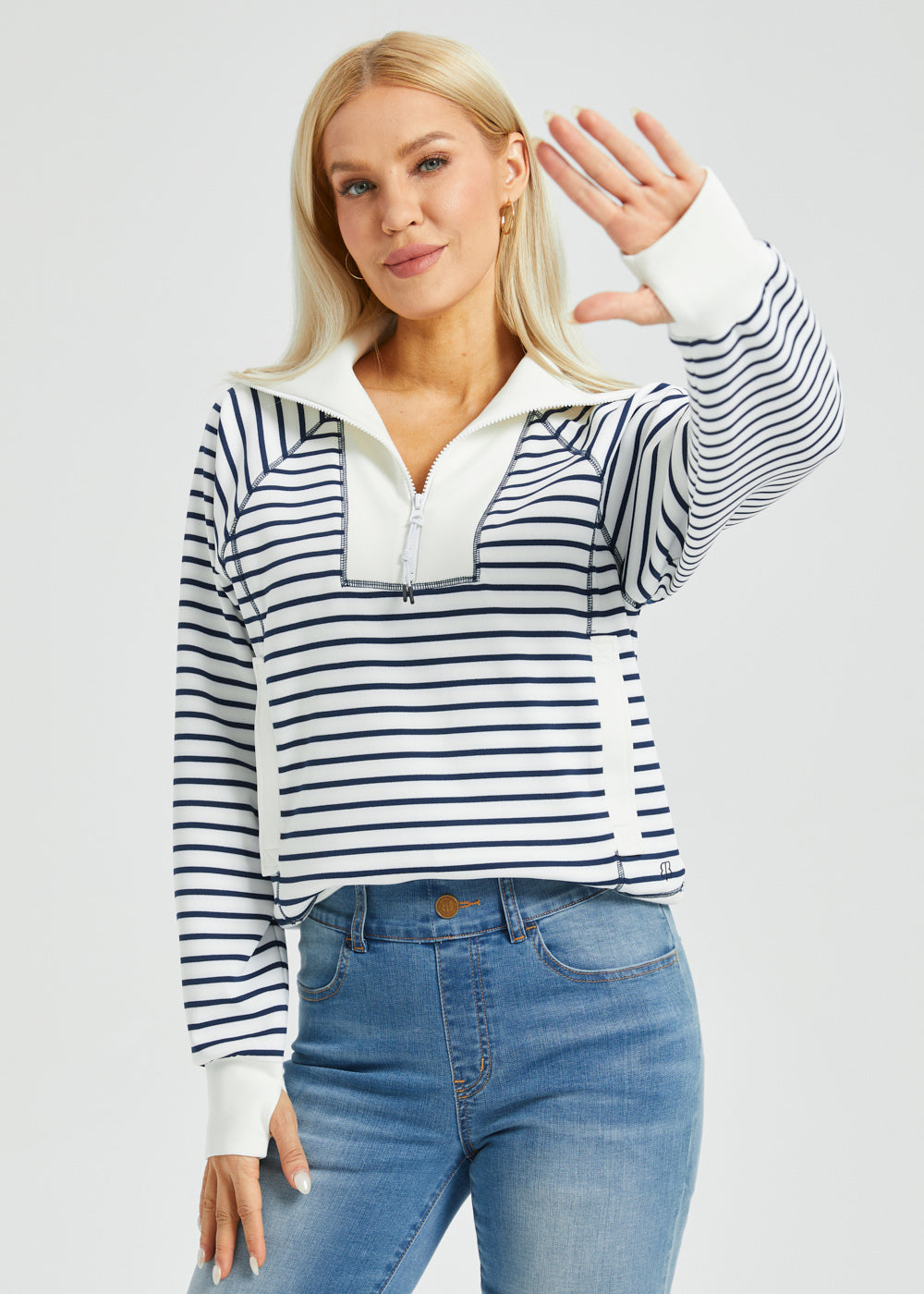 Contrast Trim Quarter Zip Pullover (Ivory Navy Stripe) – Betabrand